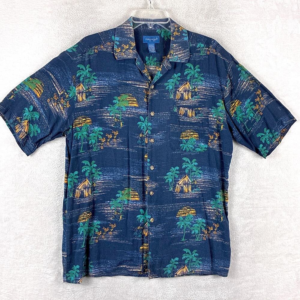 VTG Towncraft JC Penny Hawaiian Shirt Mens M Blue Rayon Loop Collar Aloha Beach